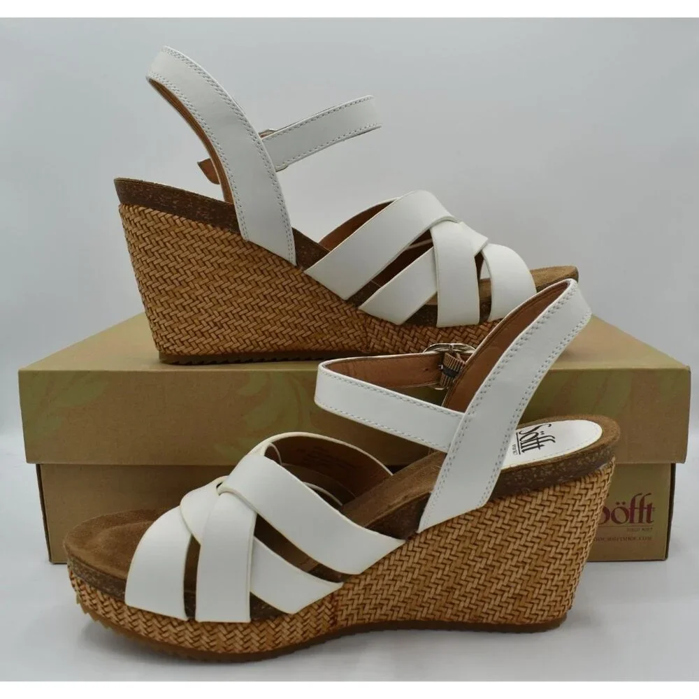 Sofft Womens‎ Size 9.5 Carlana White Leather Woven Open Toe Wedge Sandals Shoes